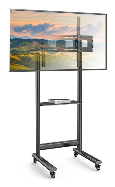 Karrocë TV për LCD LED, 50-90", lartësi e rregullueshme, me raft, e zezë