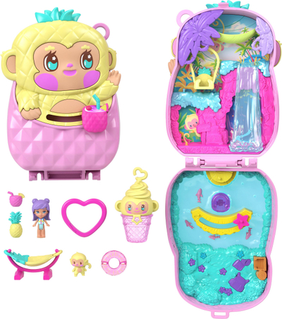 Lodër set Polly Pocket Pineapple Monkey, kompakt udhëtimi, me kukull dhe aksesorë, rozë