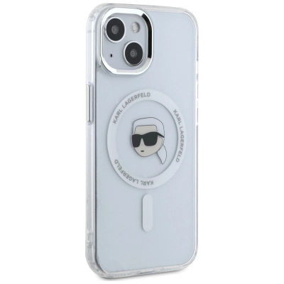 Заштитен капак Karl Lagerfeld IML Head Metal Frame MagSafe за iPhone 15, проѕирен