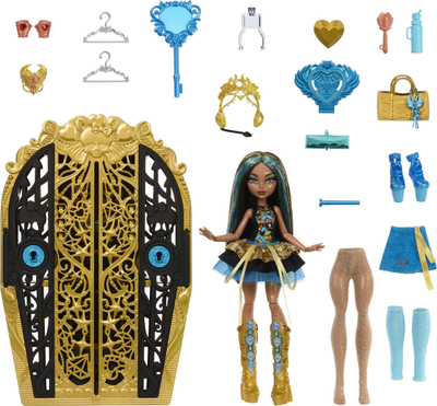 Set lojrash Monster High Skulltimate Secrets Cleo De Nile, dollap misteri, 19+ aksesore, shumëngjyrësh