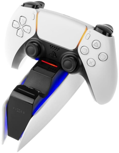 Станица за полнење FIXED за два контролери DualSense PlayStation 5, црно-бела