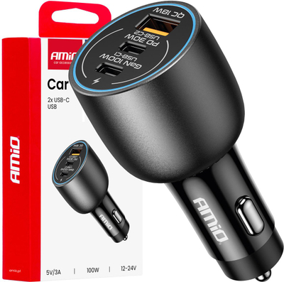 Karikues veture AMIO 04371, 2x USB C dhe USB A, 100W, i zi