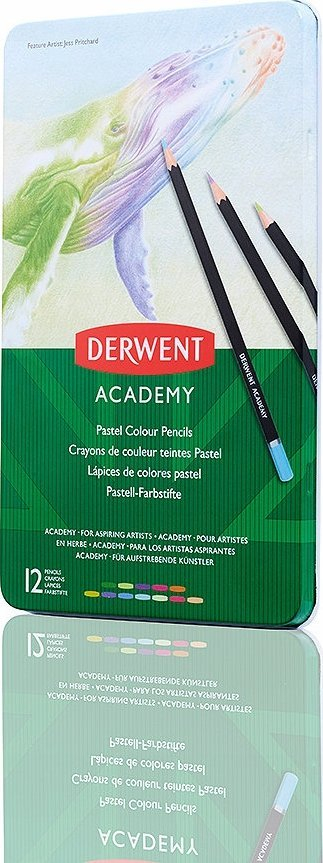 Set lapsash me ngjyra pastel Derwent Academy 2306022, 12 copë, kuti metalike, e zezë