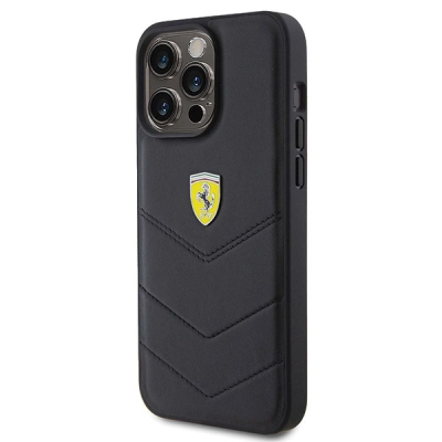Këllëf telefoni Ferrari Quilted Metal Logo për iPhone 15 Pro Max 6.7", lëkurë, i zi