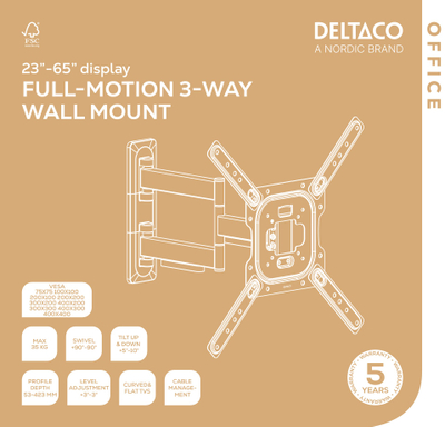 Mbajtëse muri për TV Deltaco Office ARM-0250, 23-65\", 35 kg, VESA 100 x 100 mm, e zezë