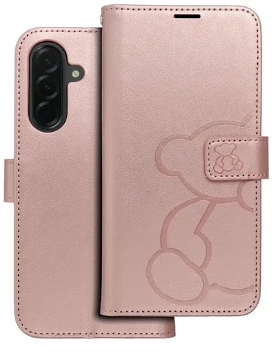 Kapak libri Forcell Mezzo për Samsung Galaxy A36 5G, mbyllje magnetike, mbajtëse kartash, rozë gold me arush