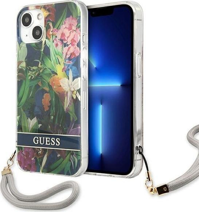 Mbulesë telefoni Guess Flower Cord për iPhone 13 mini, me litar, blu