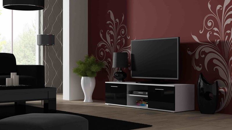 Komodë TV Cama Meble Soho 140, MDF, e bardhë e zezë me shkëlqim