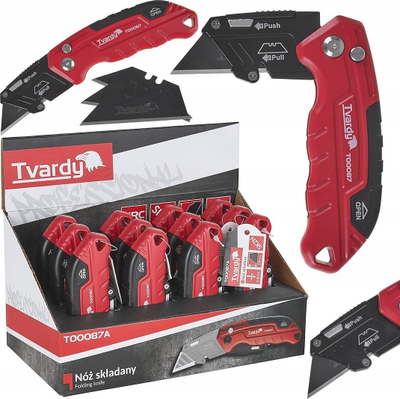 Thikë palosëse pune Tvardy T00087, mekanizëm push pull, trup metalik ergonomik, e kuqe e zezë