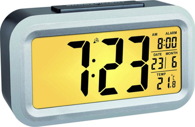 Radio orë me alarm TFA Lumio Plus 60.2553.01, me ekran LCD, portative, e zezë me argjend