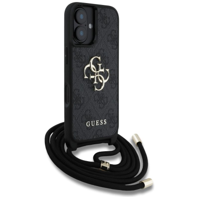 Маска за телефон Guess 4G Big Logo Cord Strap Crossbody за iPhone 16, со ремен за на рамо, црна