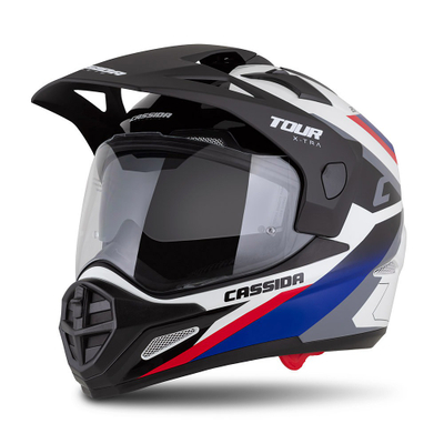 Helmetë moto CASSIDA Tour 2.0 X-tra, Pinlock ready, i bardhë blu kuqe zi