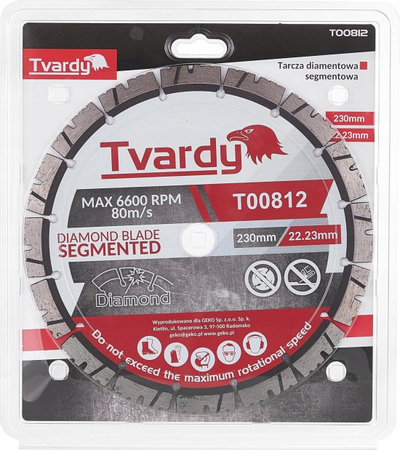 Диск за сечење дијамантски Tvardy T00812, сегментиран 230mm, дупка 22.23mm, сиво и црвено