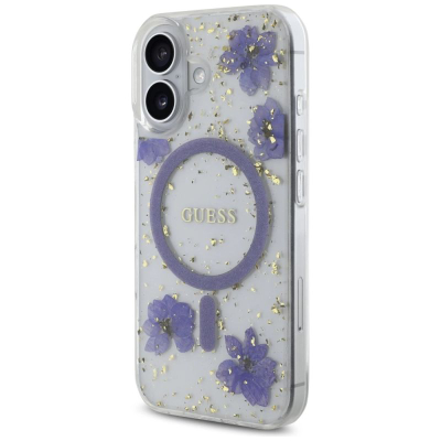 Футрола за телефон Guess Resin Flowers Glitter MagSafe, за iPhone 16 6.1", виолетова