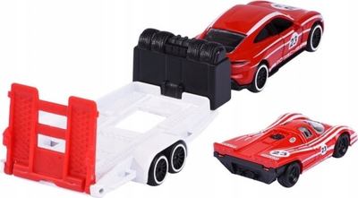 Set lodrash Majorette Porsche Taycan Turbo S 917, me rimorkio gare, metalik, i kuq