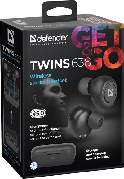 Dëgjuese Defender Twins 638, Wireless, të zeza