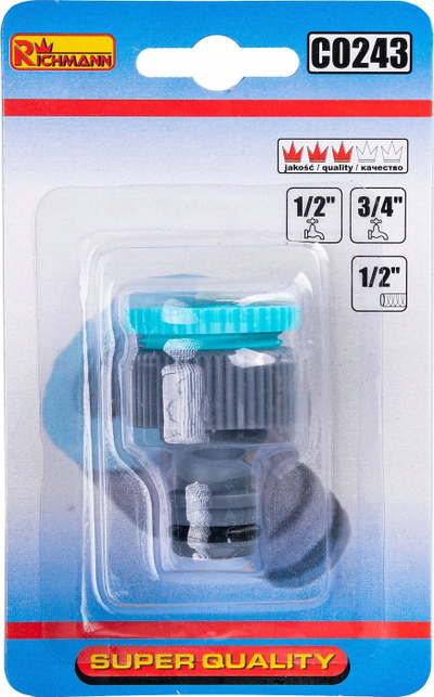 Konektor rubineti Richmann C0243, 3/4" me adapter 1/2", për zorrë 1/2", gri