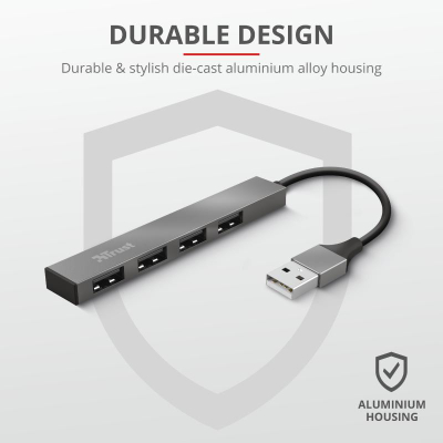 Hub USB Trust Halyx Aluminium, 4 porta, USB 2.0, argjendtë