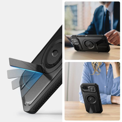 Maskë Tech-Protect Kevlar MagSafe për iPhone 16E, me xham tê integrum, me këmbë mbajtëse, e zezë