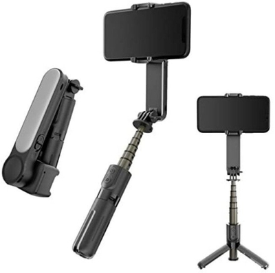 Stabilizues telefoni Wooco L09 3 në 1, me 1 aks, me dritë LED, tripod edhe selfie stick, ngjyrë e zezë