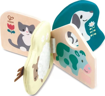 Libër lodër për bebe Hape Baby Book Bella, dru dhe tekstil, me pasqyrë dhe unazë, shumëngjyrësh