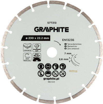 Disk prerës diamanti i segmentuar Graphite 57T313, 230mm, vrimë 22.2mm, për prerje të thatë