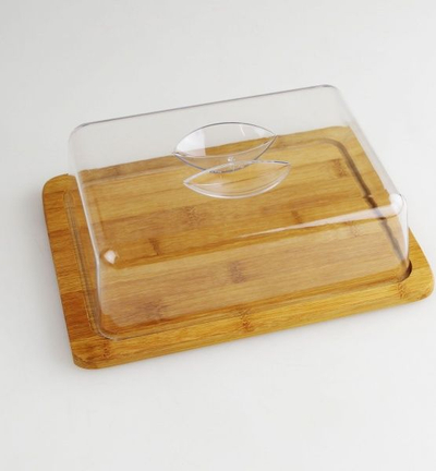 Kuti servirje djathi prej bambuje, me kapak plastik transparent, natyrale