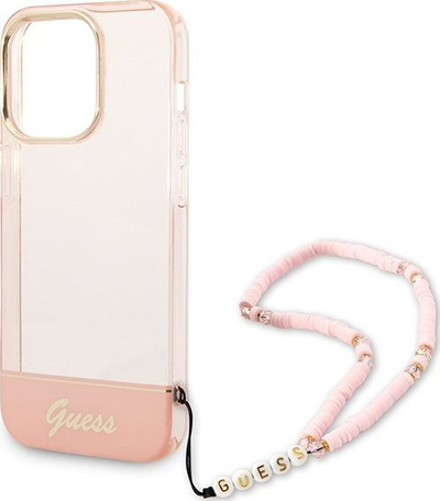 Mbështjellës telefoni Guess GUHCP14XHGCOHP për iPhone 14 Pro Max, hardcase TPU, me varëse perlë, rozë gjysmë transparente