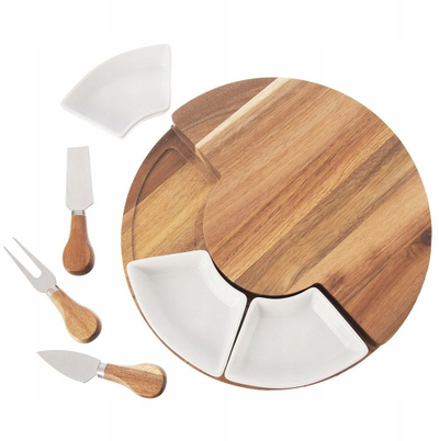 Set servirjeje ORION, dërrasë për prerje 28 cm akacie, 3 thika djathi inoks, enë qeramike