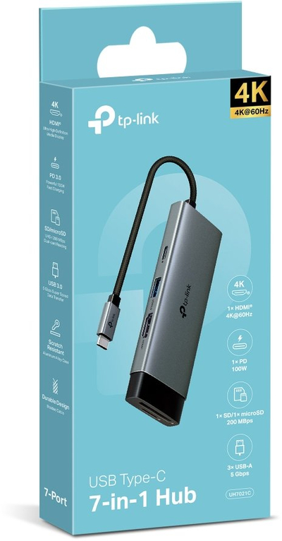 Hub USB C TP-Link UH7021C, 7 në 1, HDMI, Power Delivery, gri