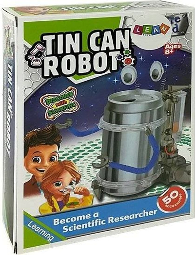 Set kreativ LEAN Toys Tin Can Robot, lodër edukative, 8+ vjeç, argjendtë