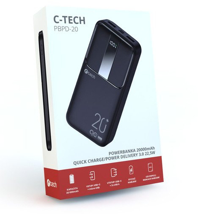 Power bank C-tech PBPD-20, 20000mAh, 22.5W, црн