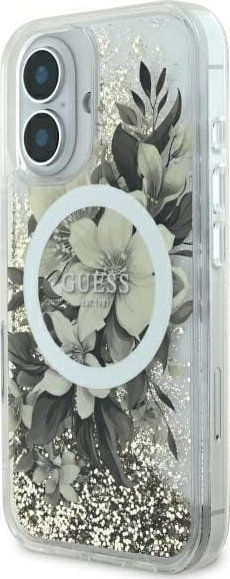 Futrollë Guess GUHMP16SLFMWTE për iPhone 16 6.1", Liquid Glitter, me lule, transparente bezhë