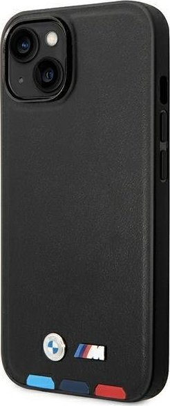 Kapak telefoni BMW Leather Stamp Tricolor për iPhone 14 Plus 6.7", lëkurë, i zi