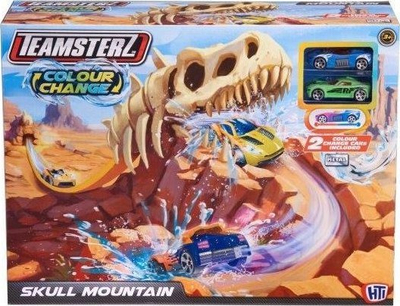 Set loje me pista Teamsterz Colour Change Skull Mountain, me dinosaur, me 2 makina, shumëngjyrësh