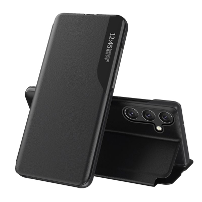 Mbulesë telefoni Eco Leather View Case për Samsung Galaxy S24 FE, me kapak me dritare, e zezë