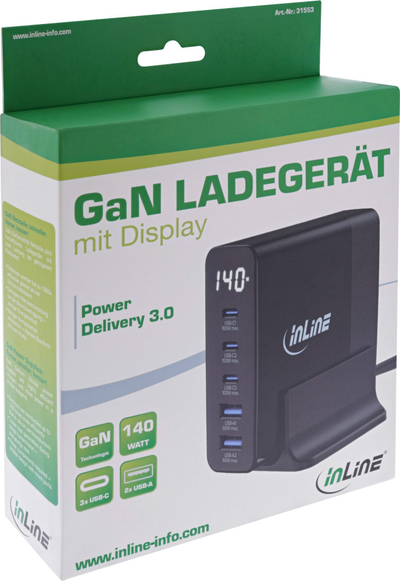 Karikues tavoline Manhattan InLine GaN, 5 porta USB-C USB-A, 140W, me ekran, i zi