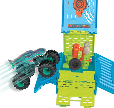 Set lodrash Hot Wheels Mega Wrex Oversized Crash Cage, kamion përbindësh 1:24, me pista edhe rampa aksioni, shumëngjyrësh