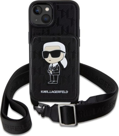 Mbulesë telefoni Karl Lagerfeld Crossbody Ikonik për iPhone 14, lëkurë Saffiano, me rrip shpatulle, e zezë
