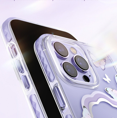 Kuti magnetike Kingxbar Butterfly Series për iPhone 14 Plus, TPU e tejdukshme, përputhet me MagSafe, me flutura shumëngjyrëshe