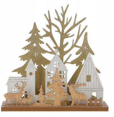 Llambë tavoline dekorative Christmas LED, skenë dimërore, 20 cm, dru natyral