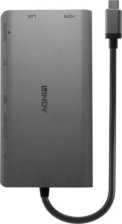 Dock USB C Lindy 43323, HDMI DP 4K, Power Delivery 100W, gri
