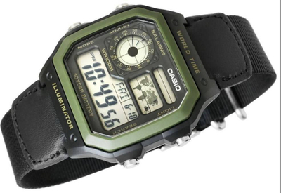 Ora digjitale Casio Youth Series AE1200WHB 1B World Time, mban ujë deri në 100m, me rrip prej pëlhure, e zezë