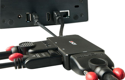 Konvertor video Lindy HDMI, në DisplayPort, DVI edhe VGA, 4K, i zi