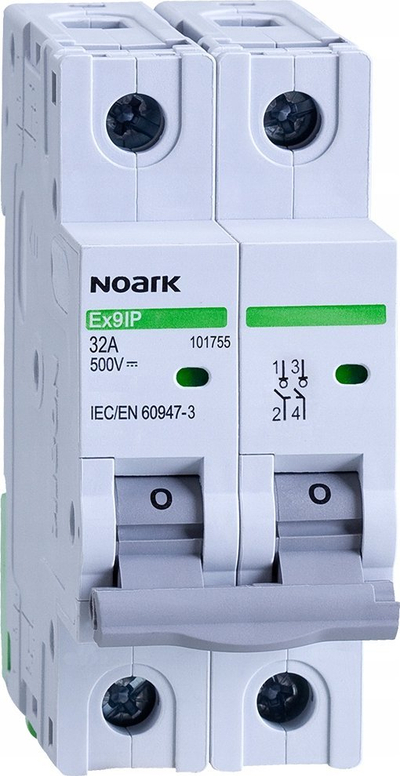 Çelës shkëputës modular Noark Ex9IP, 2P, 32A 500V DC, gri