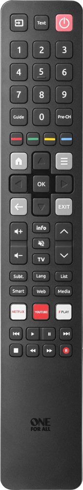 Telekomandë ONE for ALL URC4922 TCL, zëvendësuese për TV dhe soundbar, me taste Netflix dhe YouTube, e zezë