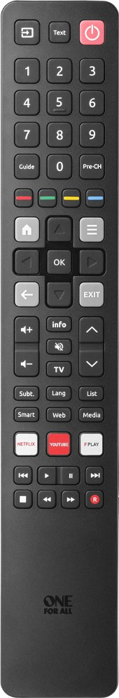 Telekomandë ONE for ALL URC4922 TCL, zëvendësuese për TV dhe soundbar, me taste Netflix dhe YouTube, e zezë