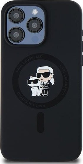 Kopertinë Karl Lagerfeld Liquid Silicone Karl and Choupette MagSafe për iPhone 15 Pro Max, silikoni i lëmuar, e zezë