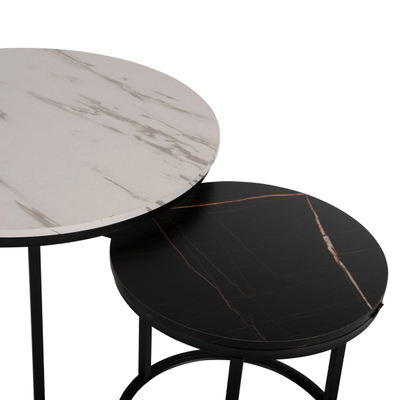 Tavolinë për kafe 2-pjesësh MDF marble mix & këmbë të zeza Φ80–48 cm (HM8763.14), zezë