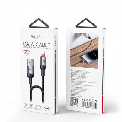 Kabllo karikimi Yesido CA129L Lightning në USB A, 12W 2.4A, 1.2m, e bardhë